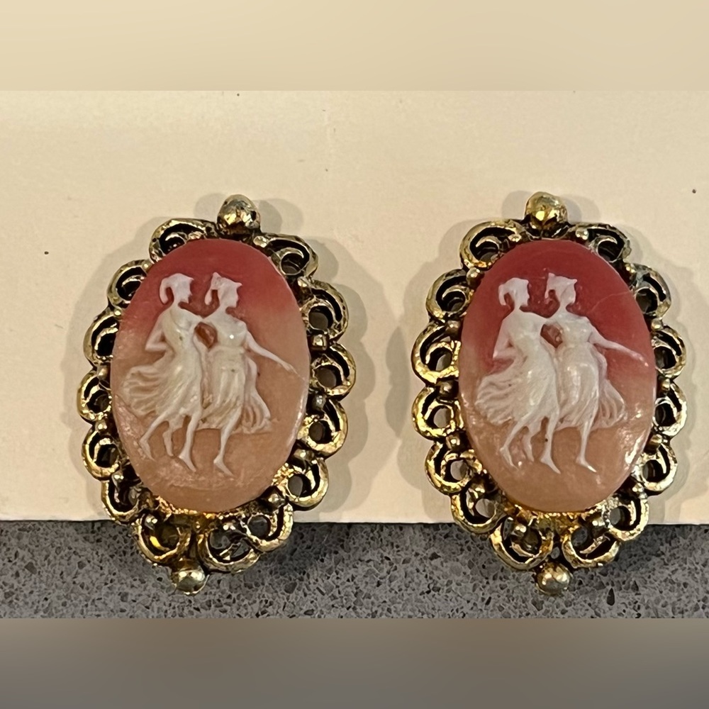 Carnelian Cameo Clip On Earrings Carved Gemstone